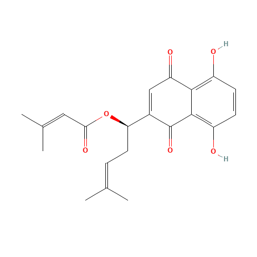 [(1R)-1-(5,8-dihydroxy-1,4-dioxonaphthalen-2-yl)-4-methylpent-3-enyl] 3-methylbut-2-enoate (CAS: 24502-79-2) - Chemical Structure and Molecular Formula 