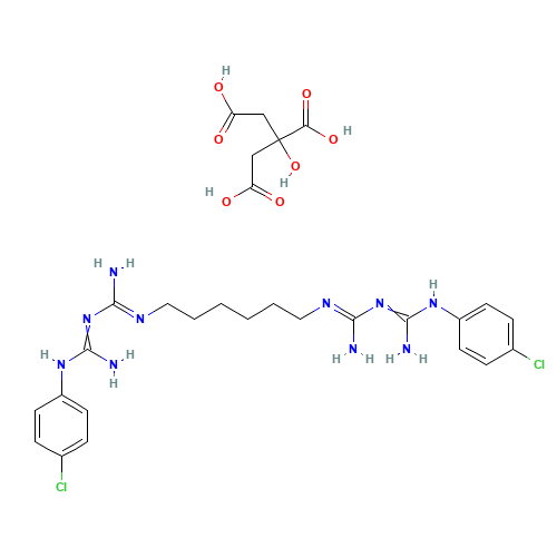 (1E)-2-[6-[[amino-[(E)-[amino-(4-chloroanilino)methylidene]amino]methylidene]amino]hexyl]-1-[amino-(4-chloroanilino)methylidene]guanidine;2-hydroxypropane-1,2,3-tricarboxylic acid (CAS: 39014-05-6) - Chemical Structure and Molecular Formula 