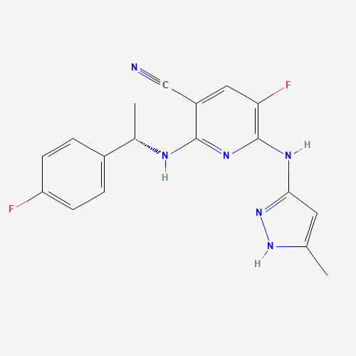 5-fluoro-2-[[(1S)-1-(4-fluorophenyl)ethyl]amino]-6-[(5-methyl-1H-pyrazol-3-yl)amino]pyridine-3-carbonitrile (CAS: 905586-69-8) - Chemical Structure and Molecular Formula 