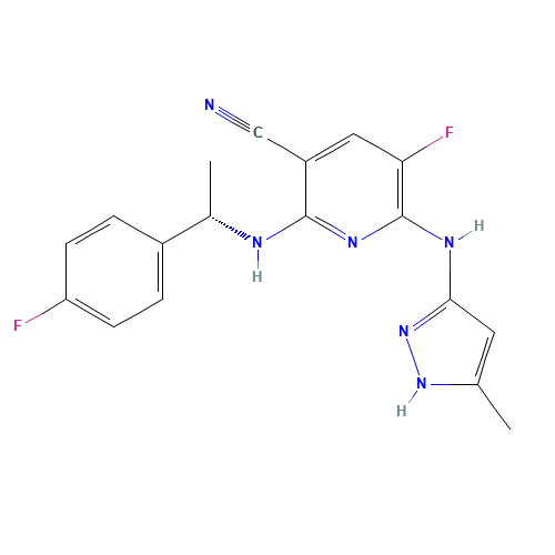 5-fluoro-2-[[(1S)-1-(4-fluorophenyl)ethyl]amino]-6-[(5-methyl-1H-pyrazol-3-yl)amino]pyridine-3-carbonitrile (CAS: 905586-69-8) - Related Chemical Product