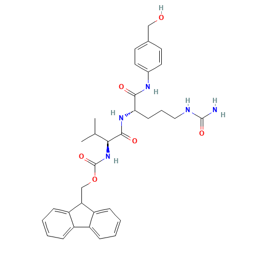 9H-fluoren-9-ylmethyl N-[(2S)-1-[[(2S)-5-(carbamoylamino)-1-[4-(hydroxymethyl)anilino]-1-oxopentan-2-yl]amino]-3-methyl-1-oxobutan-2-yl]carbamate (CAS: 159858-22-7) - Chemical Structure and Molecular Formula 