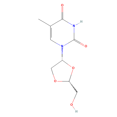 1-[(2R,4R)-2-(hydroxymethyl)-1,3-dioxolan-4-yl]-5-methylpyrimidine-2,4-dione (CAS: 127658-07-5) - Chemical Structure and Molecular Formula 