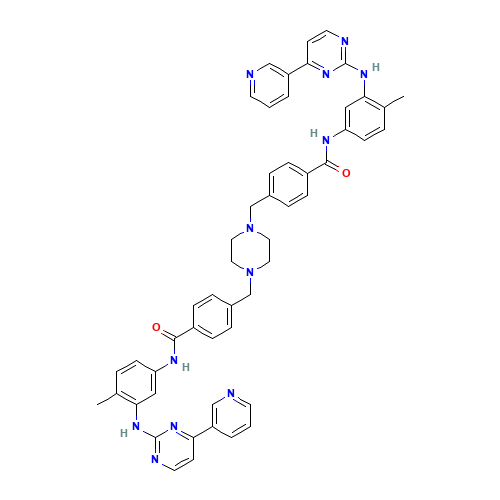 N-[4-methyl-3-[(4-pyridin-3-ylpyrimidin-2-yl)amino]phenyl]-4-[[4-[[4-[[4-methyl-3-[(4-pyridin-3-ylpyrimidin-2-yl)amino]phenyl]carbamoyl]phenyl]methyl]piperazin-1-yl]methyl]benzamide (CAS: 1365802-18-1) - Chemical Structure and Molecular Formula 