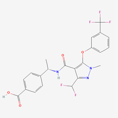 Benzoic acid, 4-((1S)-1-(((3-(difluoromethyl)-1-methyl-5-(3-(trifluoromethyl)phenoxy)-1H-pyrazol-4-yl)carbonyl)amino)ethyl)- chemical structure Benzoic acid, 4-((1S)-1-(((3-(difluoromethyl)-1-methyl-5-(3-(trifluoromethyl)phenoxy)-1H-pyrazol-4-yl)carbonyl)amino)ethyl)- (CAS: 1369489-71-3) - Chemical Structure and Molecular Formula