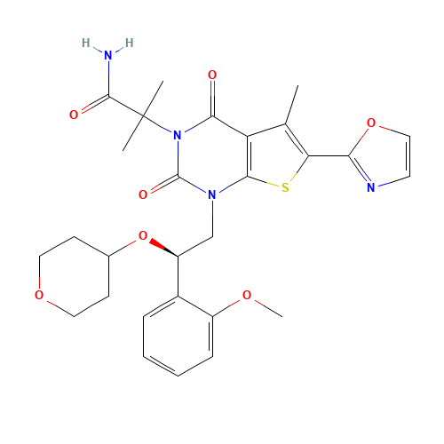 2-[1-[(2~{r})-2-(2-Methoxyphenyl)-2-(Oxan-4-Yloxy)ethyl]-5-Methyl-6-(1,3-Oxazol-2-Yl)-2,4-Bis(Oxidanylidene)thieno[2,3-D]pyrimidin-3-Yl]-2-Methyl-Propanamide (CAS: 1434639-57-2) - Related Chemical Product