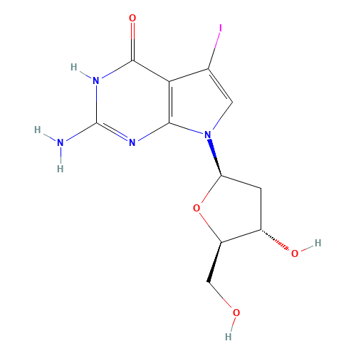 2-Amino-7-((2R,4S,5R)-4-hydroxy-5-(hydroxymethyl)tetrahydrofuran-2-yl)-5-iodo-1H-pyrrolo[2,3-d]pyrimidin-4(7H)-one (CAS: 172163-62-1) - Chemical Structure and Molecular Formula 