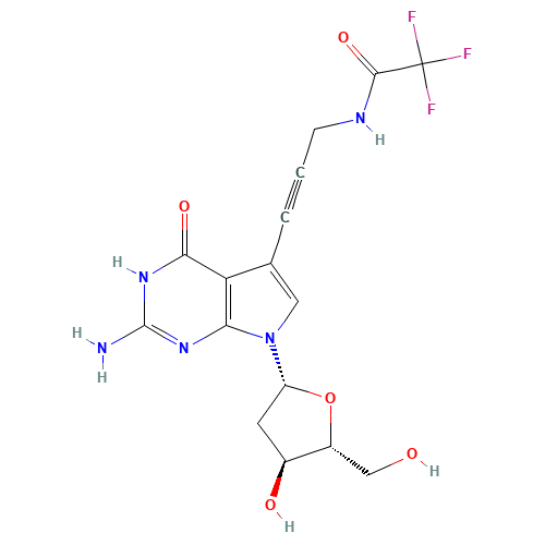 N-(3-(2-Amino-7-((2S,4S,5R)-4-hydroxy-5-(hydroxymethyl)tetrahydrofuran-2-yl)-4-oxo-4,7-dihydro-3H-pyrrolo[2,3-d]pyrimidin-5-yl)prop-2-yn-1-yl)-2,2,2-trifluoroacetamide (CAS: 666847-77-4) - Related Chemical Product